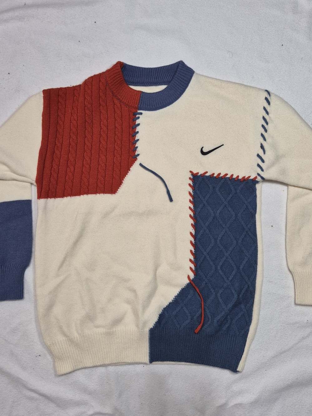 Nike Men’s Cream, Red & Blue Patchwork Crewneck Sweater